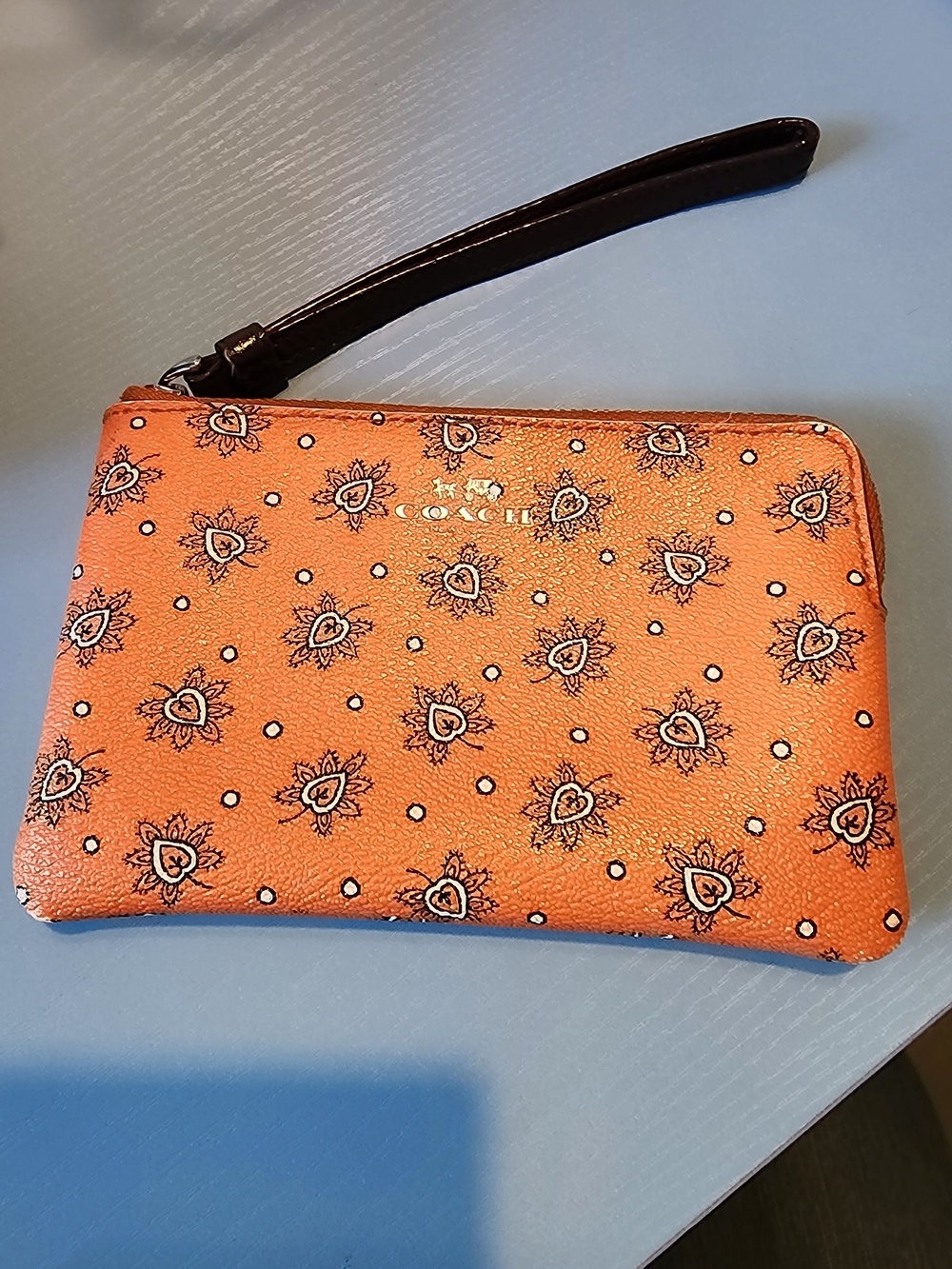 Coach Orange Heartbust Wristlet Pebble Leather #13315
